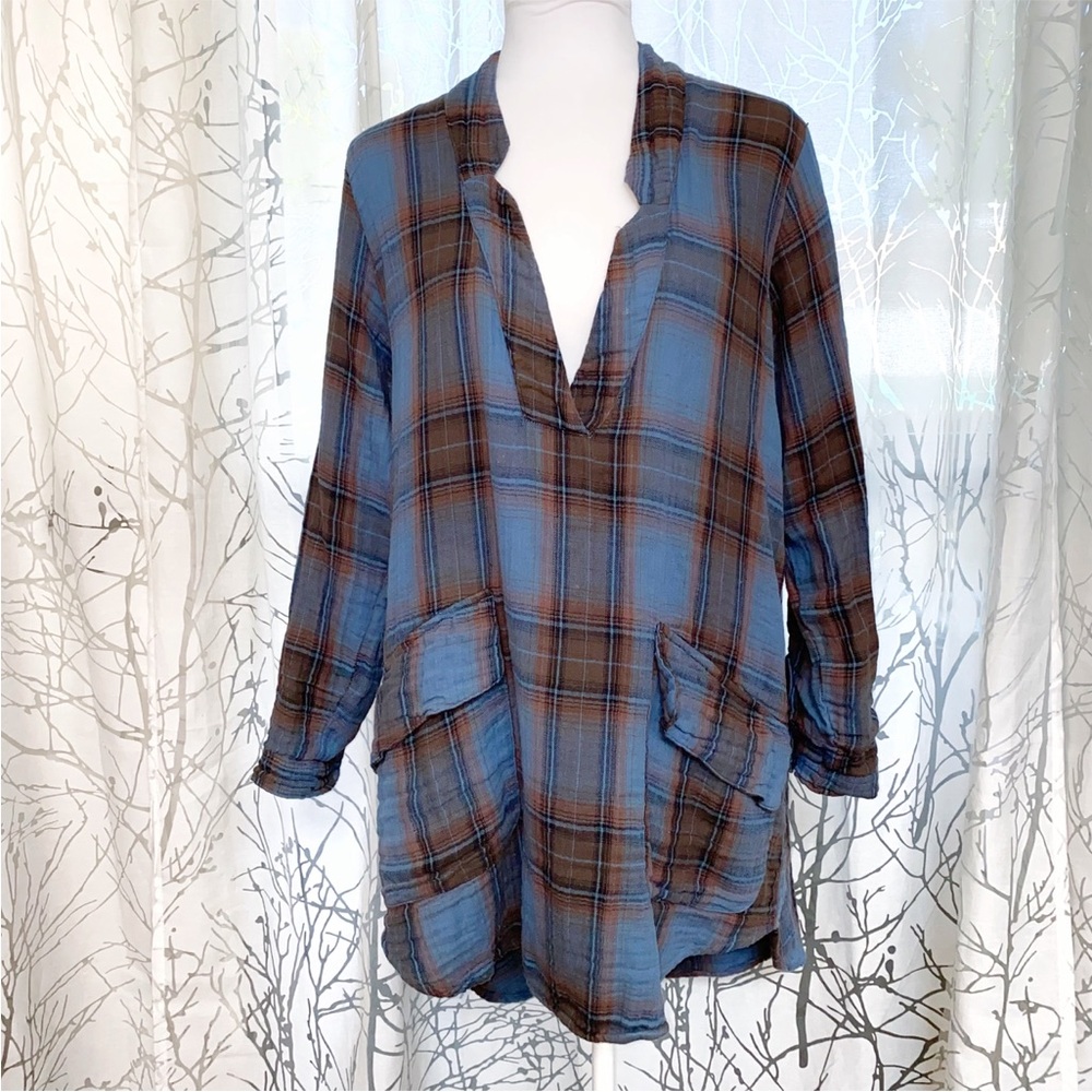 Free People CP Shades blue brown plaid check mate campfire tunic shirt dress - Picture 4 of 7